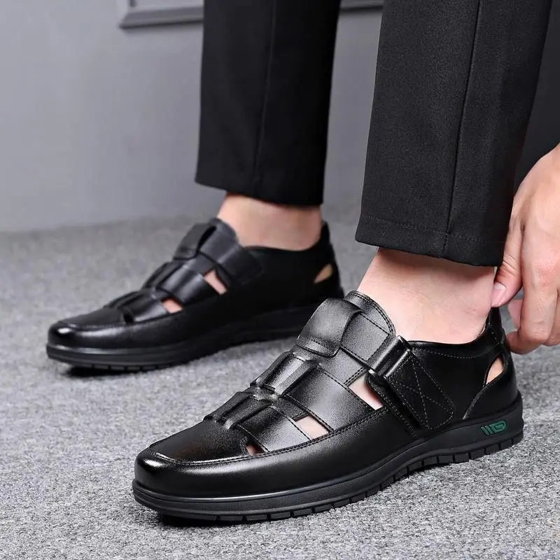 2026 Men Leather Shoes Business Casual Forma Wear High Heels Soft Sole Non-Slip Summer Sandals Black Leather Shoes