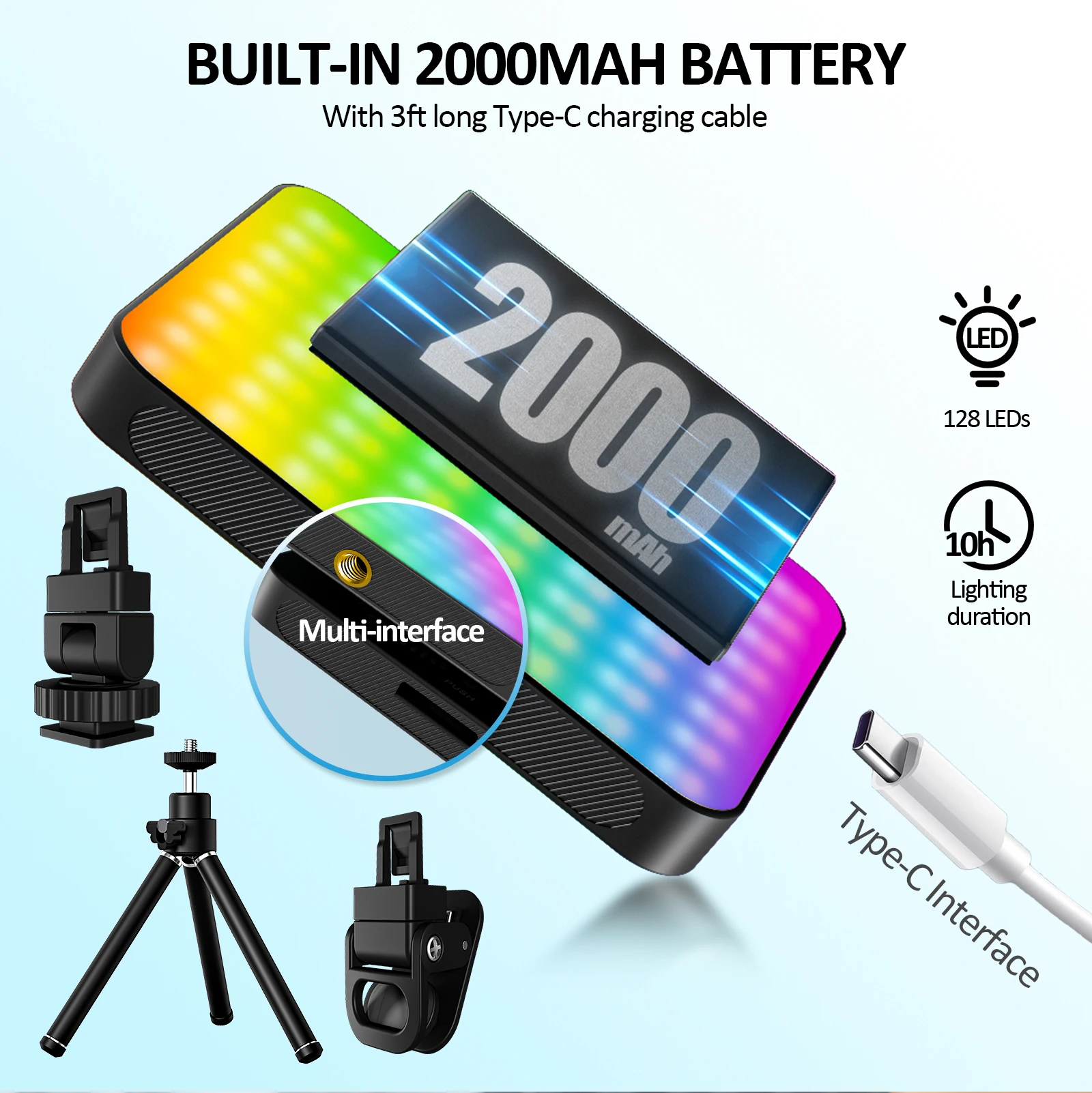 Magnetic Selfie Light RGB 136LED Rechargeable  Fill Light Portable with Clip 3 Light Modes  for Phone Camera Laptop Live Video