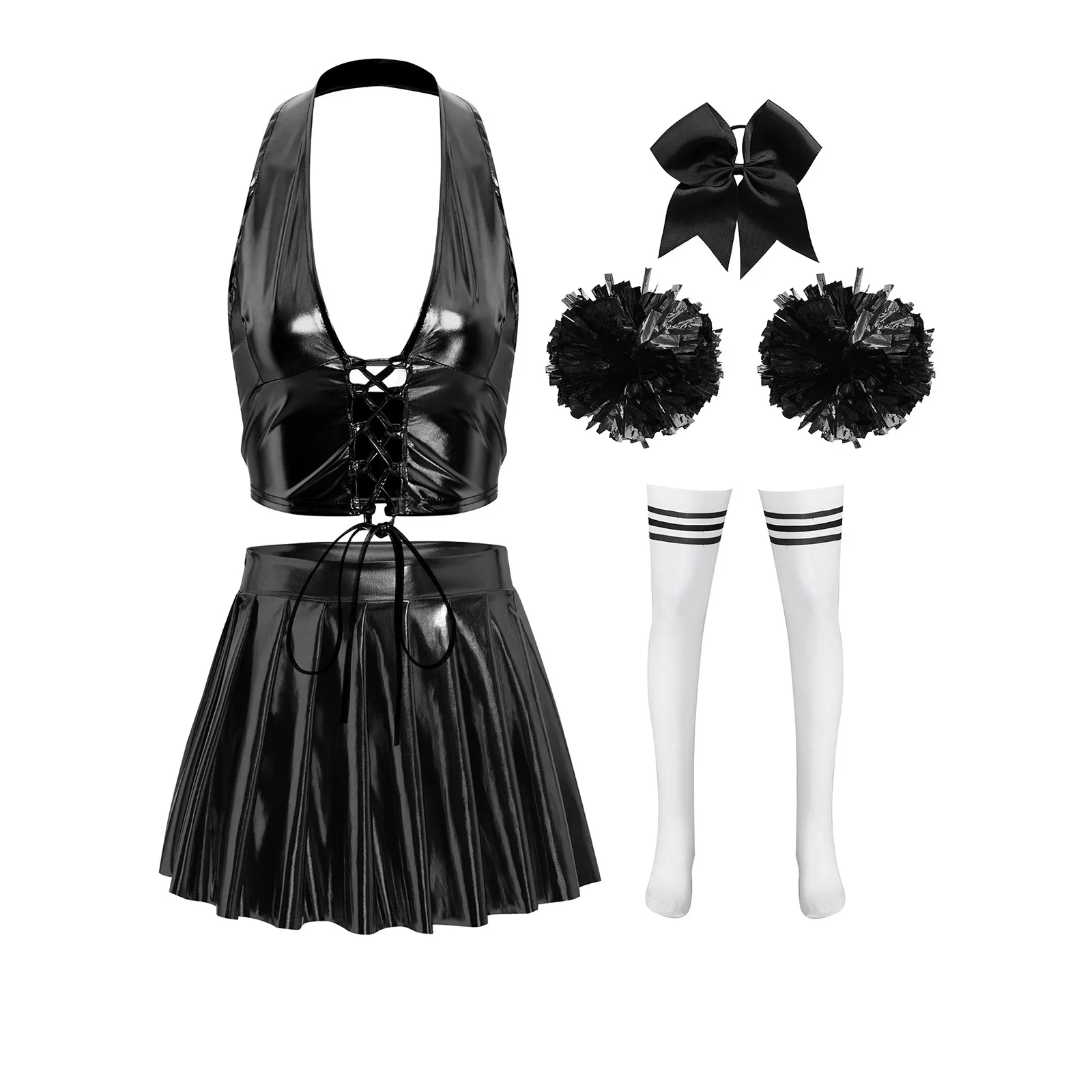 

Women Fashion Cheerleading Dance Performance Crop Top with Miniskirt Shiny Metallic Competition Matches Cheering Dance Outfits