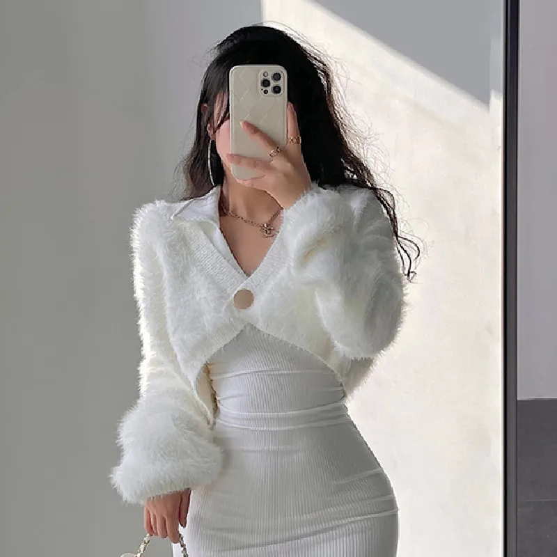 

White Short Cardigan Long Sleeve Knitted Sweater Woman Solid V Neck Sweater 2023 Winter Sexy Warm Pullover Simple Soft Jumper