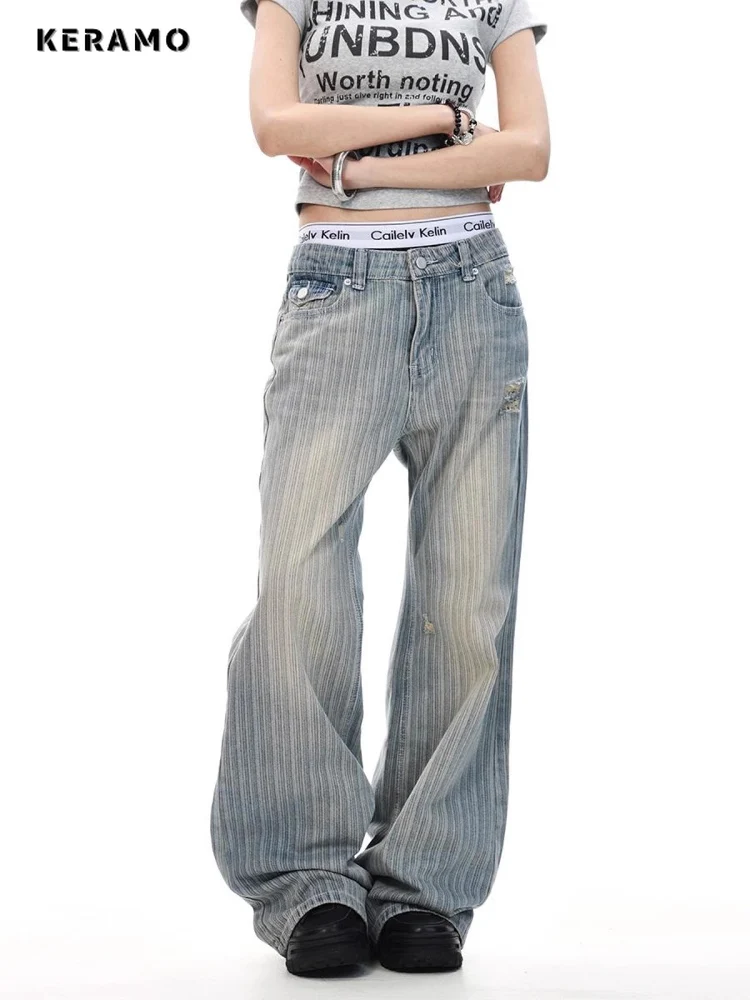 2025 Ретро американские джинсы в полоску с дырками