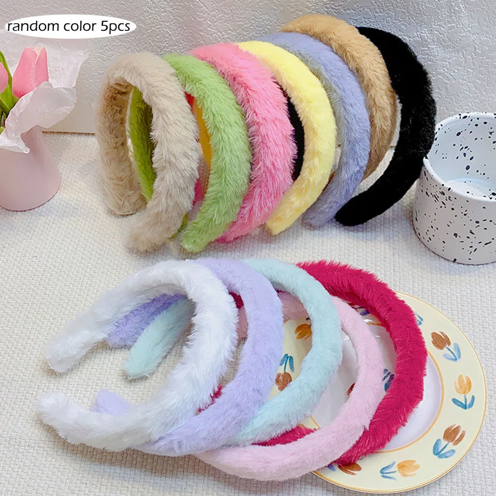 

5PCS Candy Color Wide Edge Plush Hair Band Cute High Cranial Top Imitation Rabbit Headbands Headdress For Girls & Women