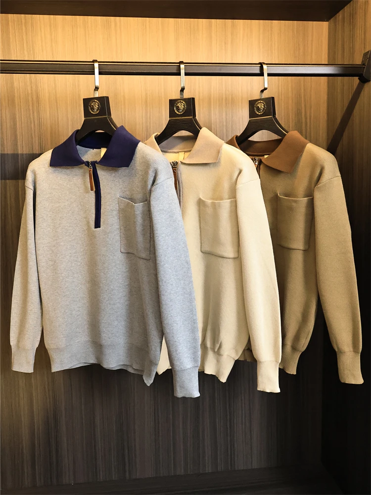 High-End Knitted Zipper Collar Men's Sweater Versatile Fashionable Autumn Winter Long Sleeve Urban Style Pure Color Knitwear