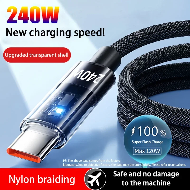 240w Super Fast Charging Cable Nylon USB Type C With Led Digital Display USB C Charger Data Cord For Samsung Xiaomi Huawei Honor