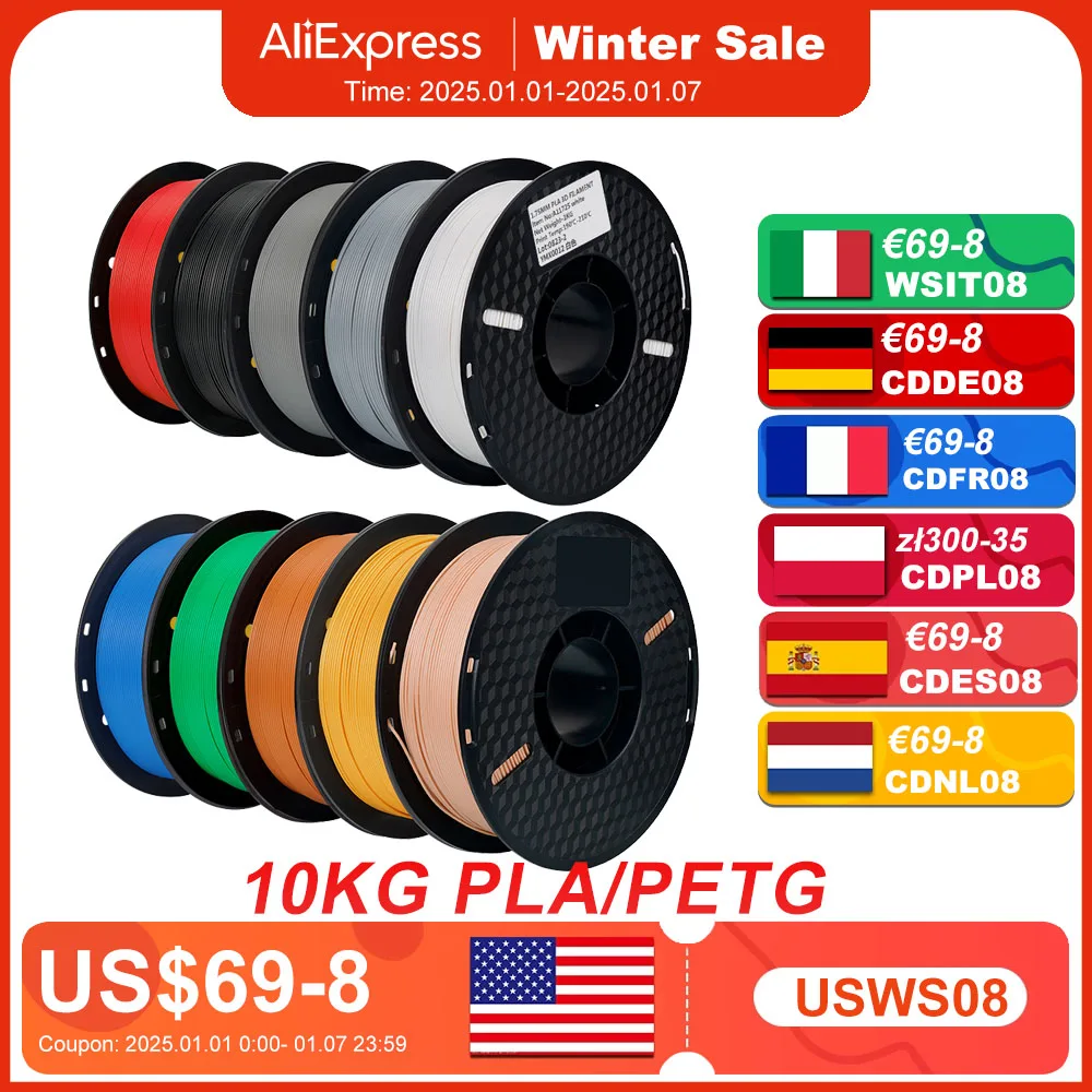 KINGROON 22LBS PETG PLA filament 3D Printer Filament 10 Rolls 1KG 1.75MM Eco-Friendly Good Toughness Mix Color Free Shipping