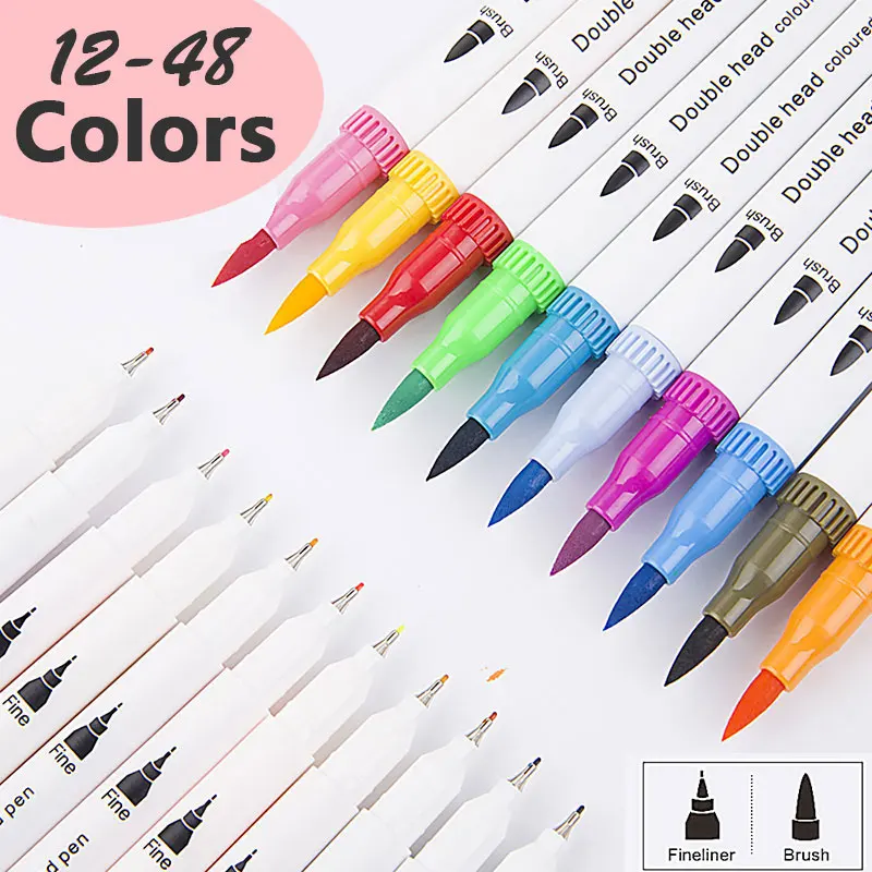 24/36/48 Colors Double-head Highlighter Pen Set Brush needle tip Colored pen Permanent marker Art school supplies Stationery