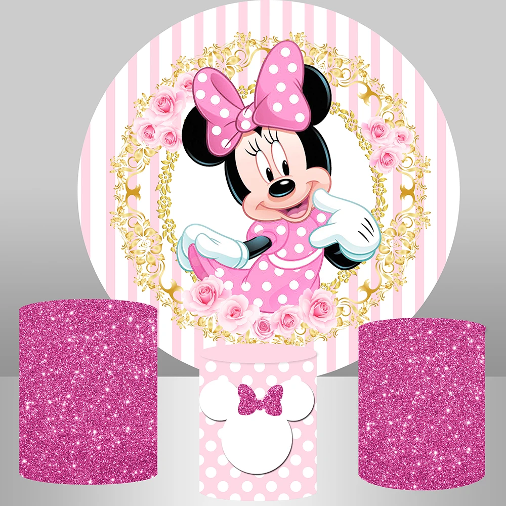 Glitter Rosa Girl First Birthday Round Circle Backdrops Cover Photography Background Minnie Mouse theme Plinth Cylinder Covers