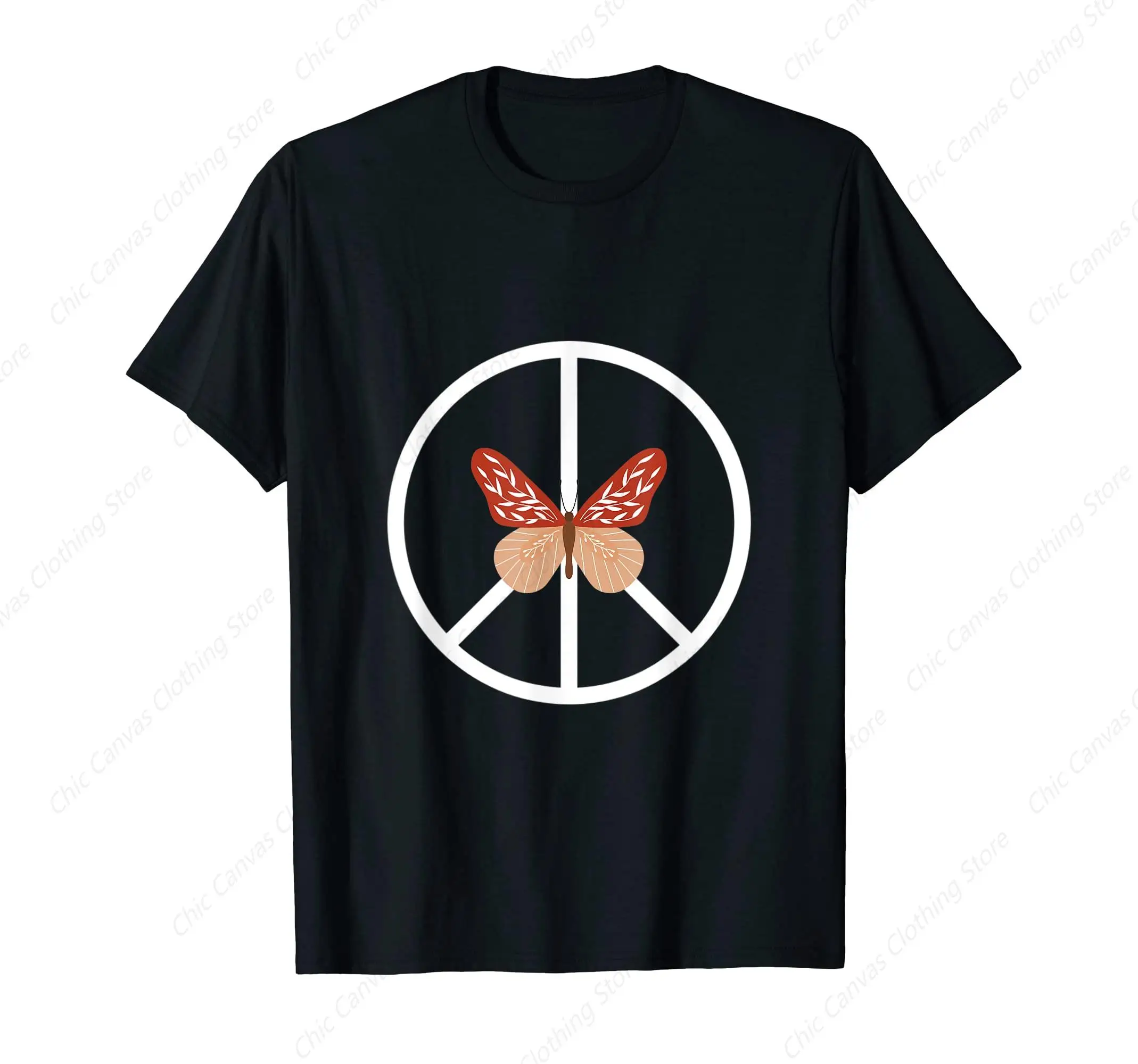 

Bohemian Butterfly Peace Logo Printed T-Shirt Casual And Comfortable Pure Cotton Shirt Black Short Sleeve