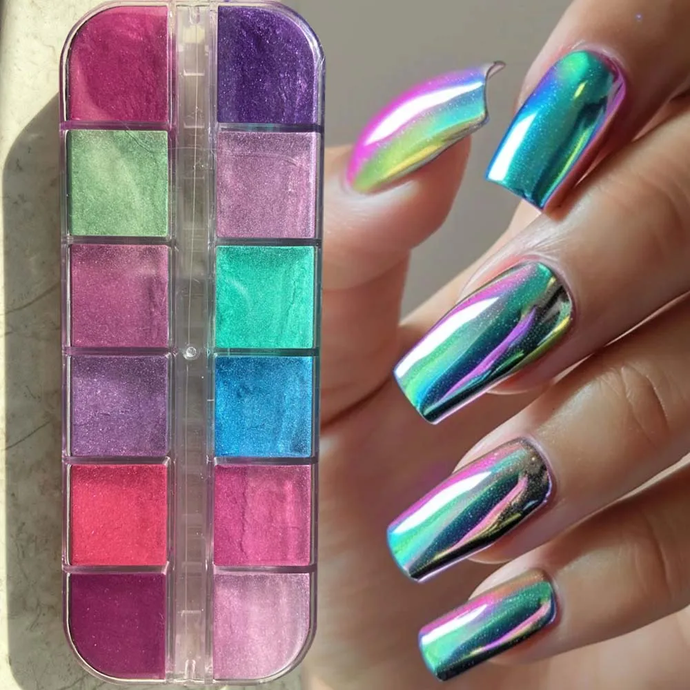 

12 Grids Holographic Powder 12 Color Rainbow Rub Dust Chameleon Chrome Nail Glitter Powder Laser Pigment For Nail DIY Manicure