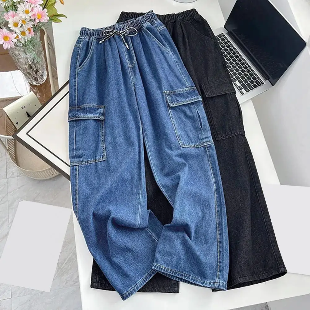 Solid Color Men Pants Casual Men Pants Versatile Men's Wide Leg Cargo Pants Stylish Drawstring Elastic Waist Full for Casual