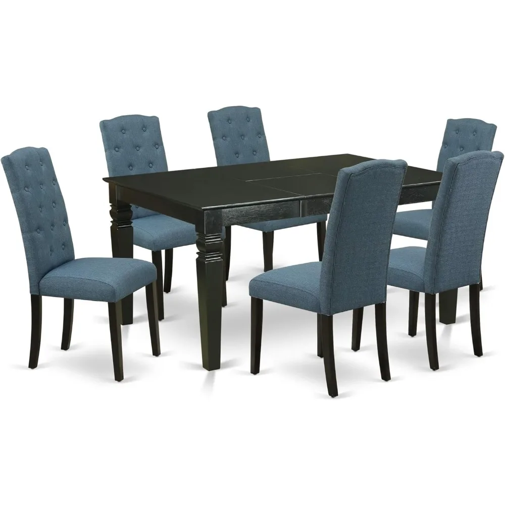 7 Piece Dinette Set Consist of a Rectangle Dining Table with Butterfly Leaf and 6 Mineral Blue Dining Chairs, 42x60 Inch, Black