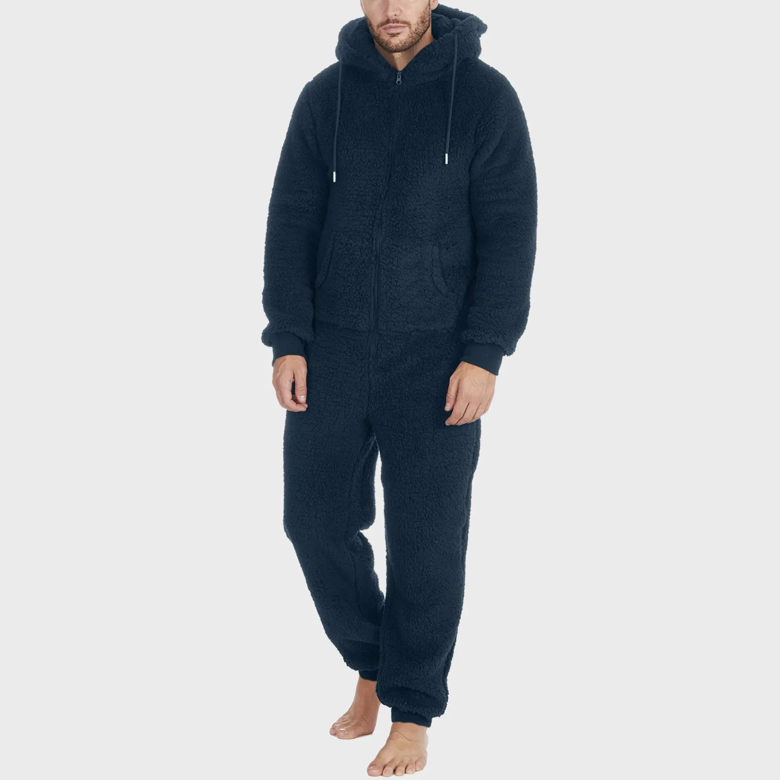 Winter Men Artificial Wool Jumpsuit Pajamas Fleece Warm Men Drawstring Bodysuit Sleepwear Solid Color Zipper Loose Hooded