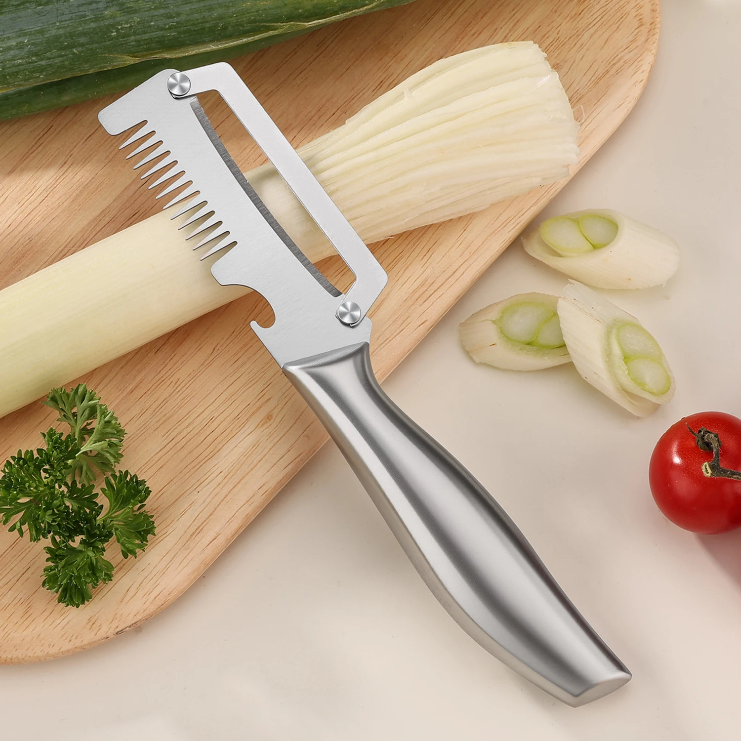 All steel scallion slicer, multifunctional household cutting tool, kitchen fruit peeler, three in one bottle opener