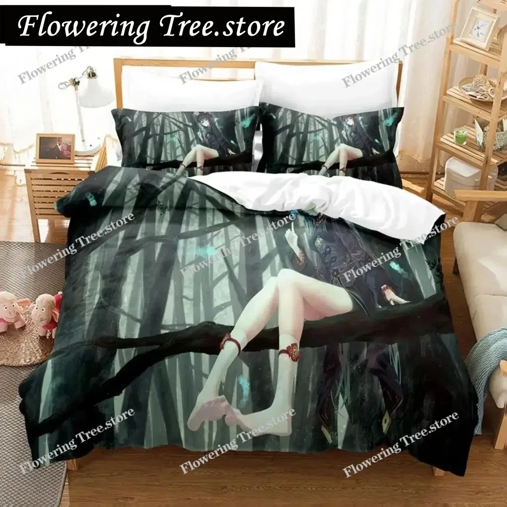 H-Hu Tao Genshin Impact Game 3D Duvet Cover Bedding Set Comforter Linen Pillowcases Home Decor Single Double Twin King Queen 025