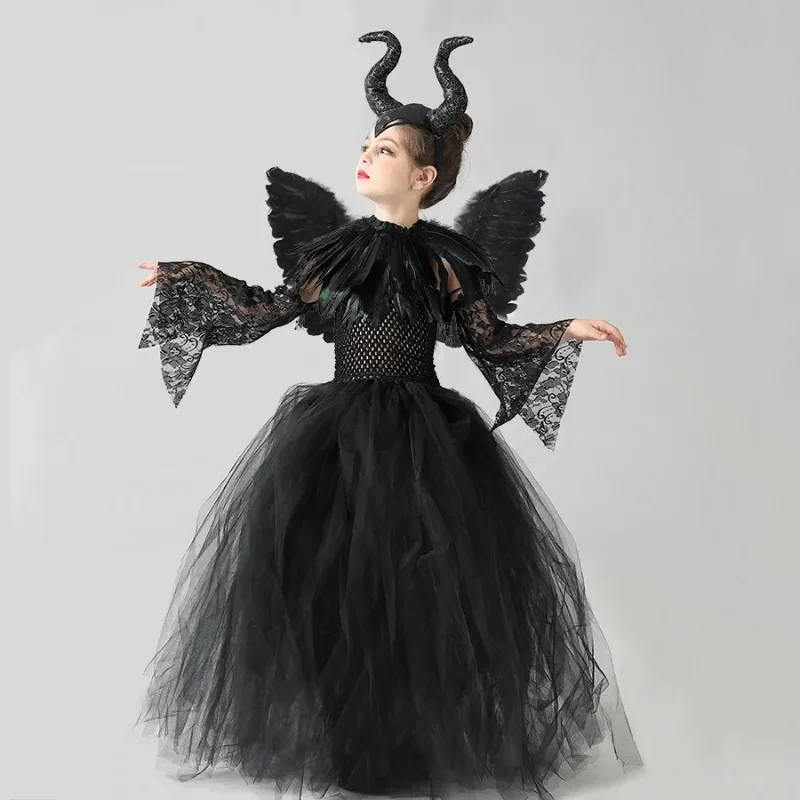 Halloween Party Cosplay Costume Maleficentt Tutu Wedsday Dress For Girls Cos Evil Queen Black Mesh Princess Dress New Vestido