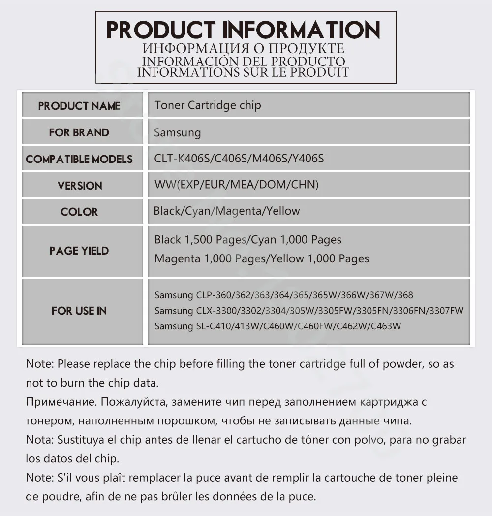 CLT-406 406S 406 Toner Cartridge Chip for Samsung CLP 360 365 365W 362 368  C410W C460W C460FW CLX-3300 CLX 3305 3305W SL-C410W