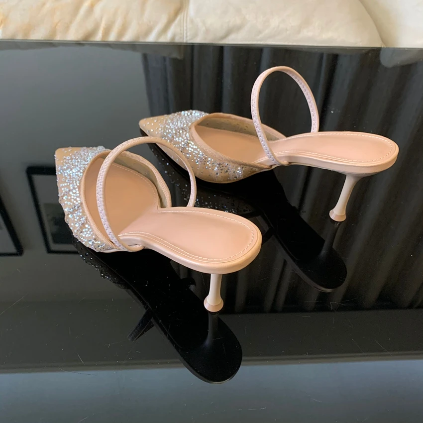 2024 Women High Heels Pumps Summer Fashion Rhinestone Mesh Stilettos Slingbacks Women Pointed Toe Thin Heel Sandals Shoes Woman