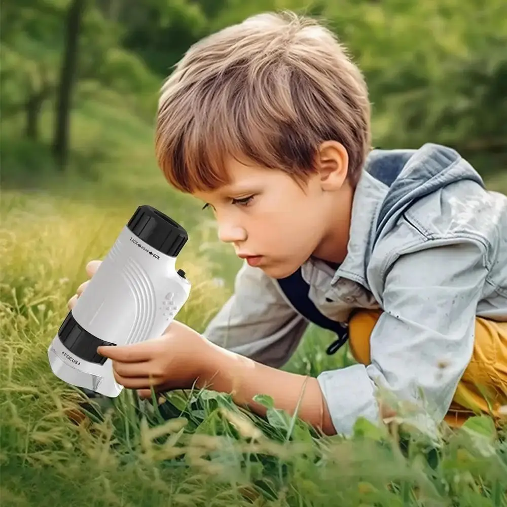 مجهر محمول باليد 60x-120x مع ضوء LED مجهر جيب للأطفال قابل للفصل قاعدة دوارة مع حزام للرسغ #2