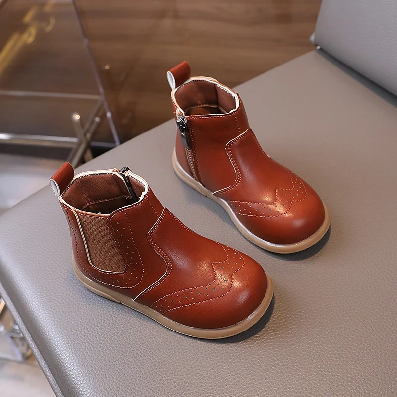 Children Leather Boots Girls Elegant Chelsea Boots Boys Handsome British Style Short Boots Baby Soft Autumn Shoes