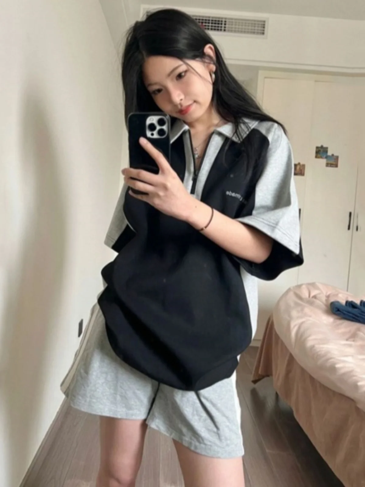 

Summer Loose American Retro Patchwork Collar Women's Half Zipper Short Sleeve T-Shirt Shorts Anti-Aging Two-Piece Set