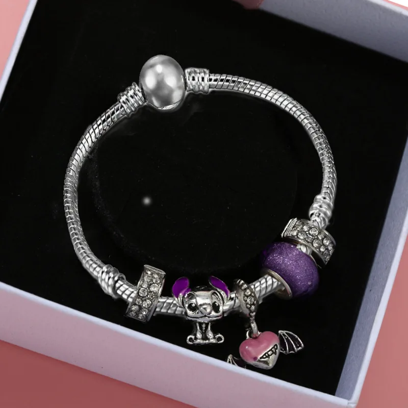 

Fit Original Pan Stitch Charms Bracelet Women Disney Anime Purple Bat Wings Heart Dangle Glass CZ Spacer Beads For Bijoux Making