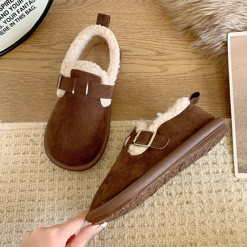 Women\'s Cotton Shoes 2024 Autumn Winter Vintage Plush Boken Shoes Anti Slip Warm Indoor Anti Slip Cotton Shoes Zapatos Mujer