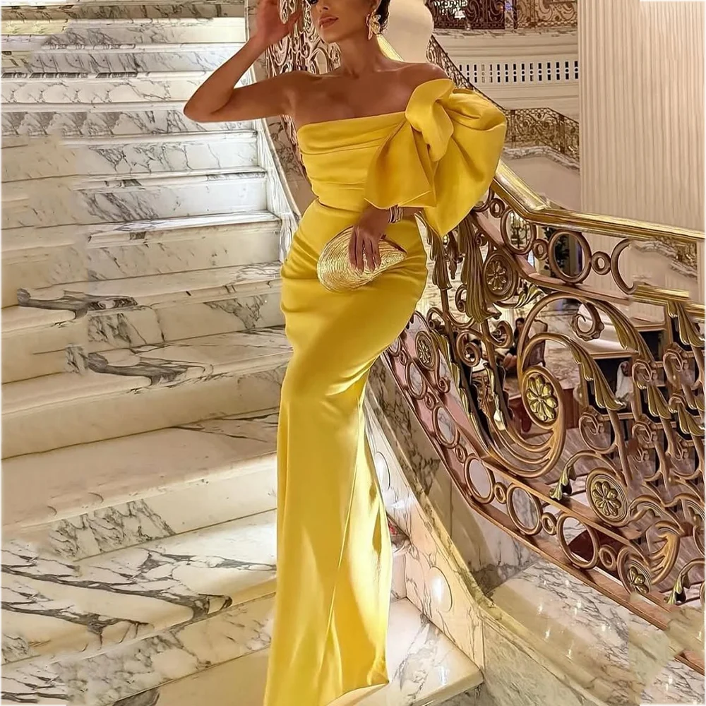 

Romantic Yellow Strapless Prom Dress Sleeveless Mermaid Gown Pleat Floor Length Special Occasion Banquet Evening Dress for Women