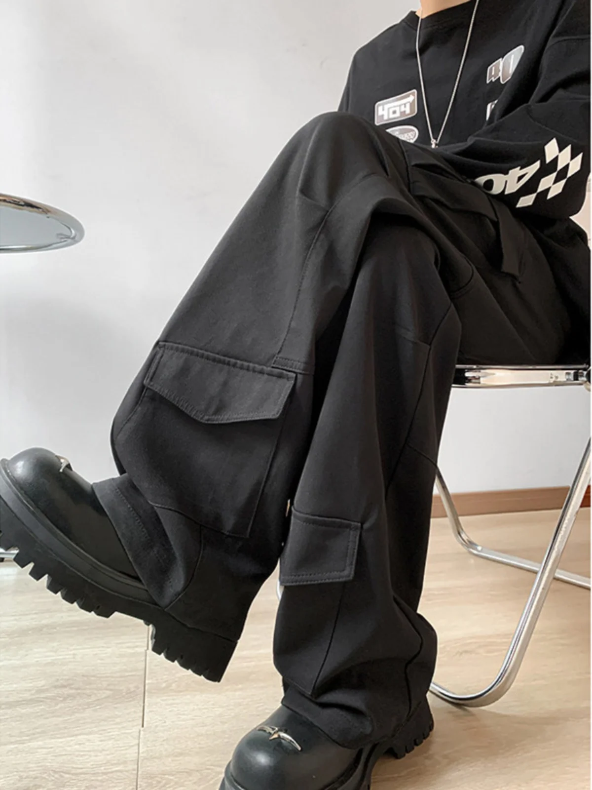 

Trendy Straight Leg Workwear Pants Men's Pure Bla High Street Hiphop Faion Spring Autumn Casual Trousers Youth Active Sle