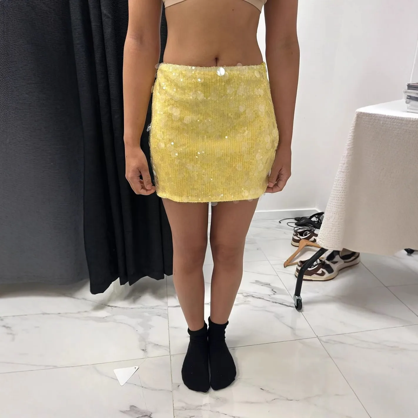 Immagine 3: Gonna da donna a tinta unita con paillettes, vita alta, metallizzata e brillante, per feste e serate, abbigliamento economico per donne, spedizione gratuita.