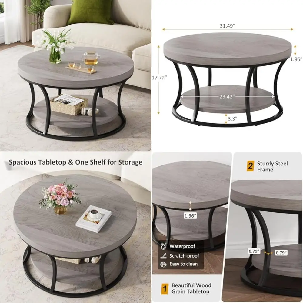 

Modern 2-Tier Round Coffee Table with Storage, Accent Center Table in Gray Brown