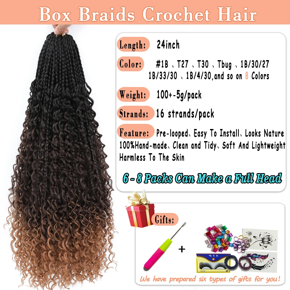 Extensiones de cabello de trenzas en caja (Box Braids) bohème diosa de 24 pulgadas de longitud, con puntas rizadas, hechas de fibra sintética. Colores 1B, 4, 30 y 27. Trencas de crochet ideales para mujeres negras
