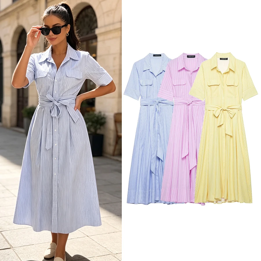 Elegantes gestreiftes langes Kleid für Damen, Sommerkleid mit Schnürung, Umlegekragen, einreihig, blau, A-Linien-Kleid, Damen-Urlaubskleid