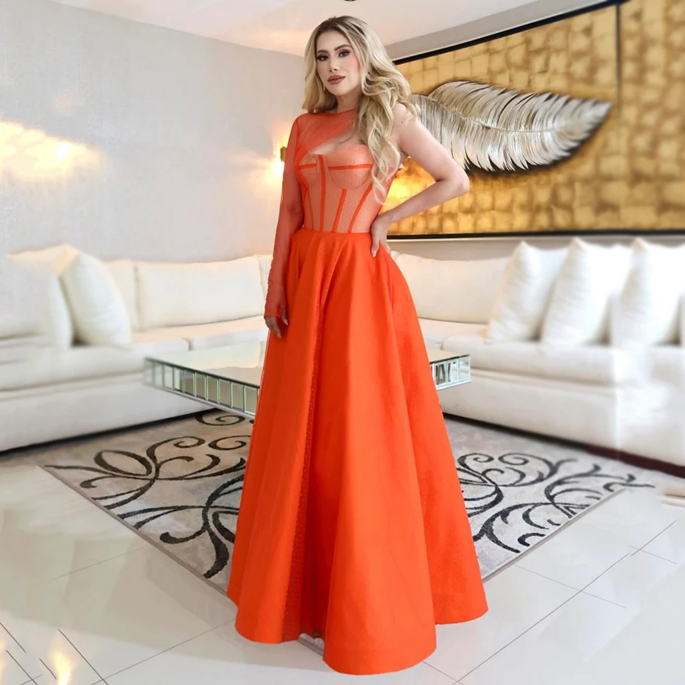 

Msikoods Customized Orange One Shoulder Evening Dresees Dot Tulle Corset A Line Prom Dress Long Party Dress Formal Evening Gown