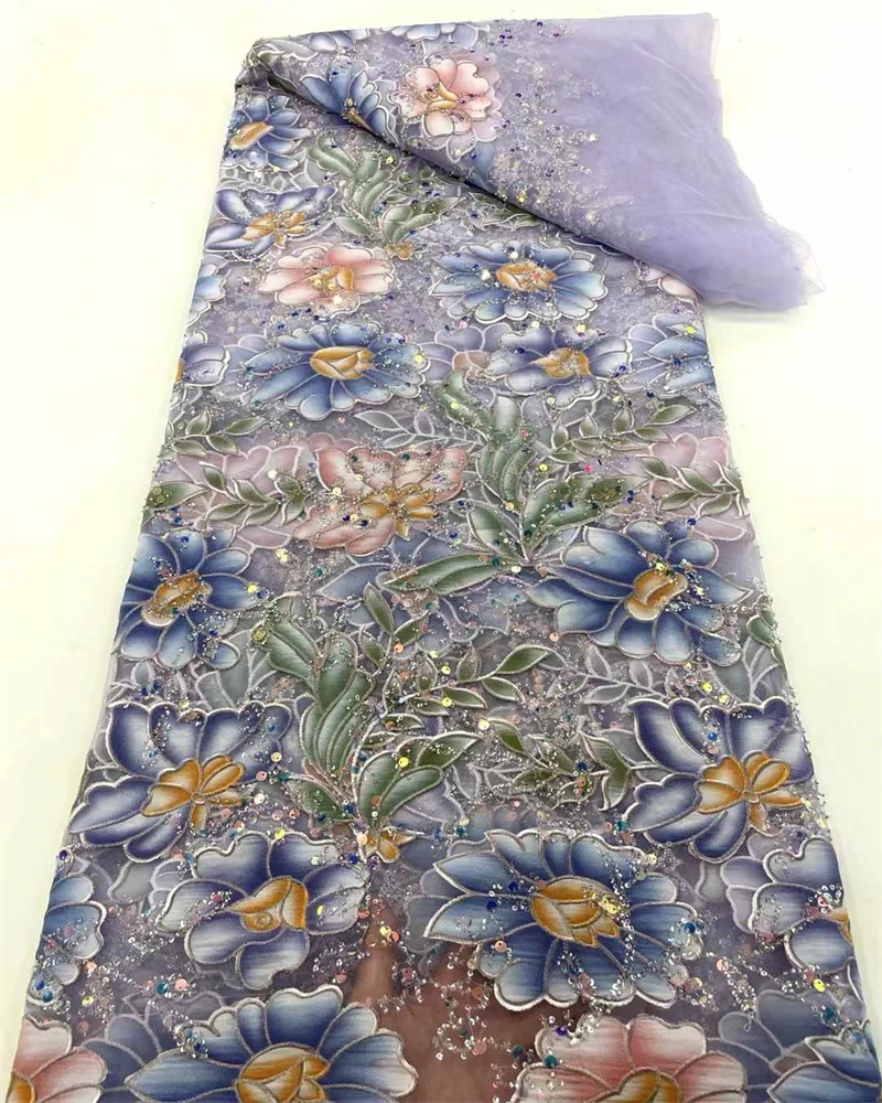 Paillettes nigeriane di alta qualità con perline africane con pizzo di perle Tessuto di pizzo francese in tulle per cucito di abiti da festa