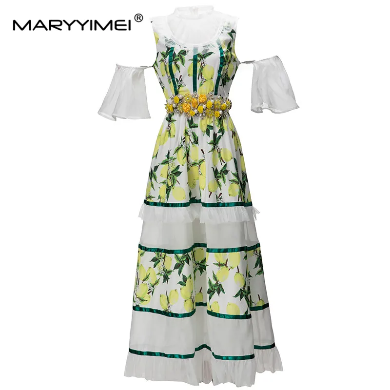 MARYYIMEI New Fashion Designer Dress Women's Round Collar Waist Crystal Three-Dimensional Flower Decoration Fruit Print Dress