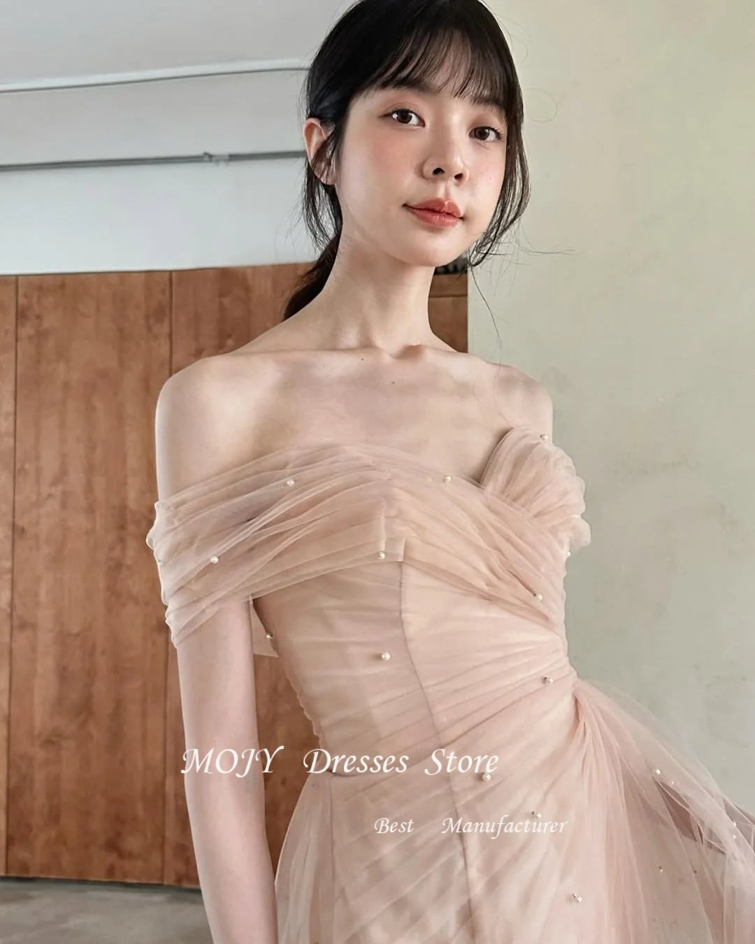 فستان زفاف Mojy أنيق على شكل قلب كوري وردي لالتقاط الصور واللؤلؤ مطرز بحورية البحر فستان زفاف طويل مخصص