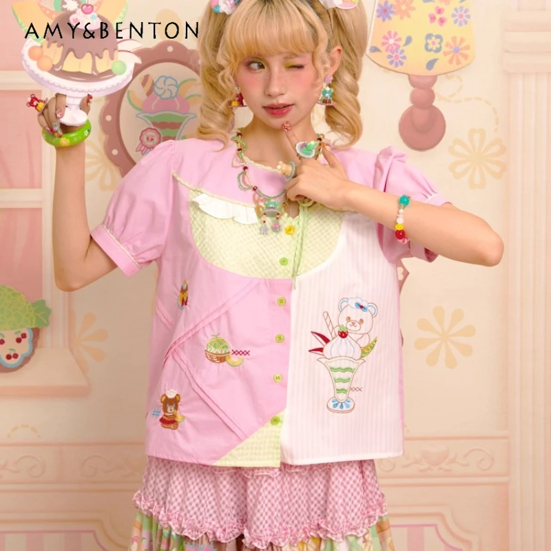 

Оригинальный дизайн, розовый воротник, сращивание, вышивка, милая асимметричная женская рубашка, новые японские милые милые универсальные рубашки для женщин