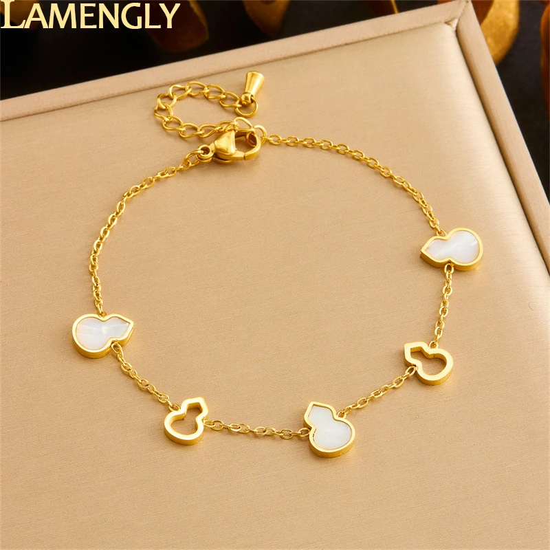 LAMENGLY 316l Stainless Steel Creative Novel White Hollow Gourd Shaped Bracelet Women Exquisite Personal Hand Chain Jewelry Gift