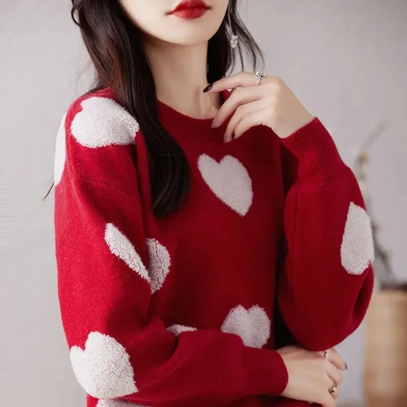 New Autumn and Winter Fashion Lazy Style High Grade Love Colored Collar Loose Versatile Foreigner Women\'s Long Sleeve Sweater