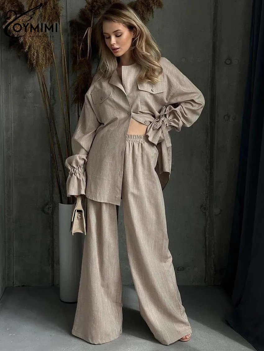 Oymimi Fashion Khaki Cotton Two Piece Set For Women Elegant Lapel Long Sleeve Pockets Shirts And High Waist Simple Trousers Sets