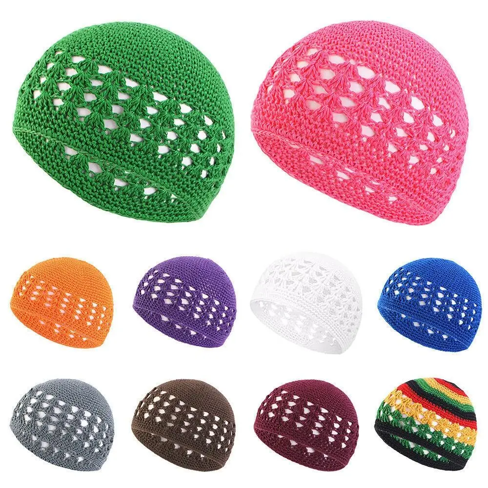 Jednokolorowe szydełkowe czapki typu beanie unisex rozciągliwa, ręcznie robiona bawełniana czapka z czaszką Winer ciepła dzianinowa czapka Kufi dla muzułmanów
