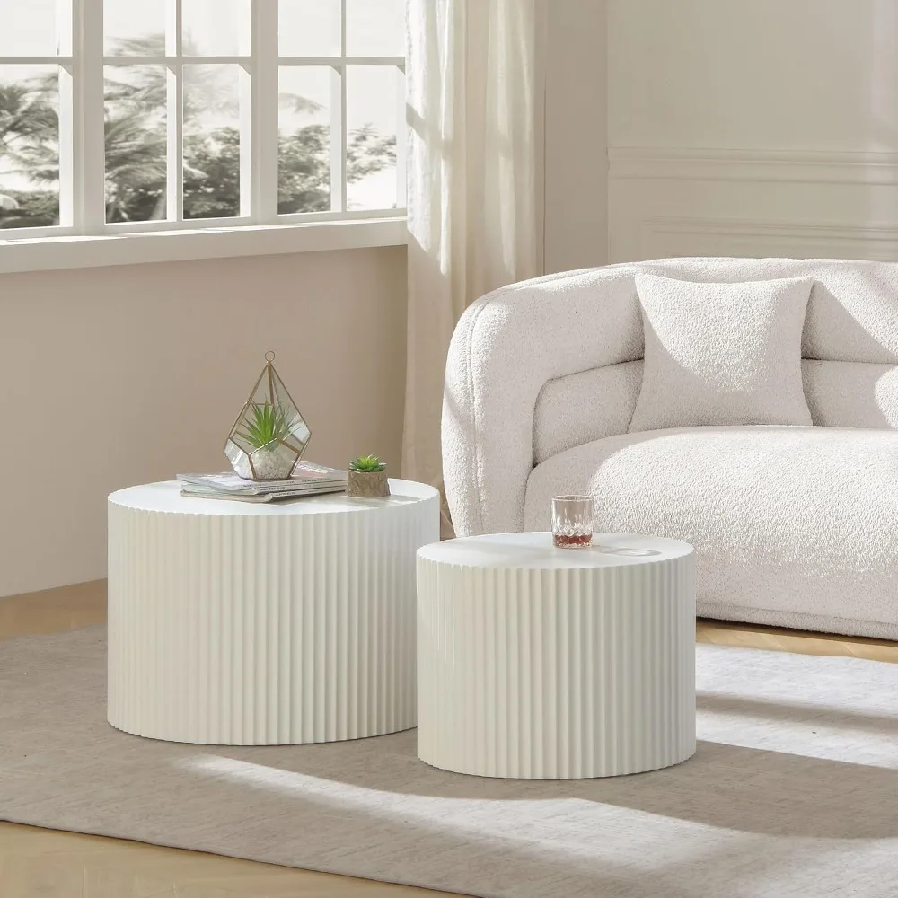 طقم طاولة قهوة دائرية حديثة، طاولات جانبية متداخلة مكونة من قطعتين لغرفة المعيشة، لمسة نهائية من MDF #3