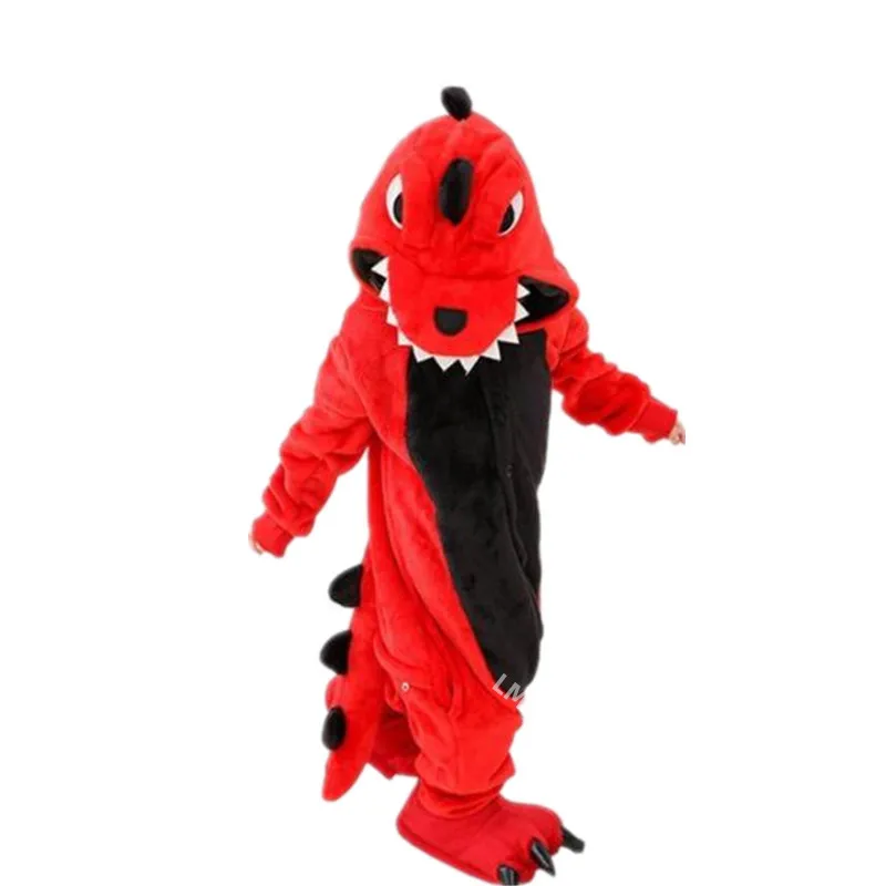 Red Dinosaur Kigurumi Onesie Pajamas Set Animal Cosplay Costume Pink Cute Winter Warm Soft Flannel Jumpsuit Children Party Wear image 3