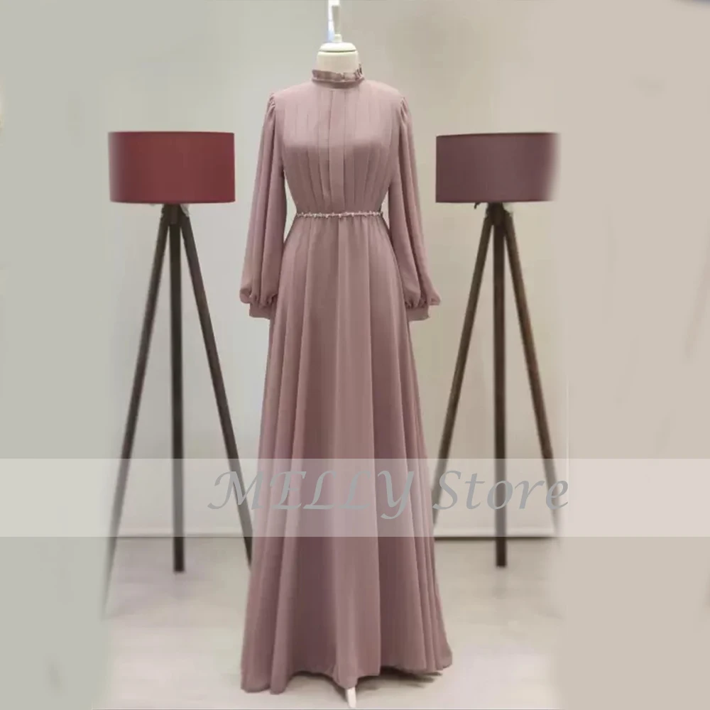 Klassische Abendkleider Für Frauen Hohe Kragen Voll Sleeves Zipper Prom Kleider Chiffin A-Line Bodenlangen فساتين سهره فاخرة طويلة