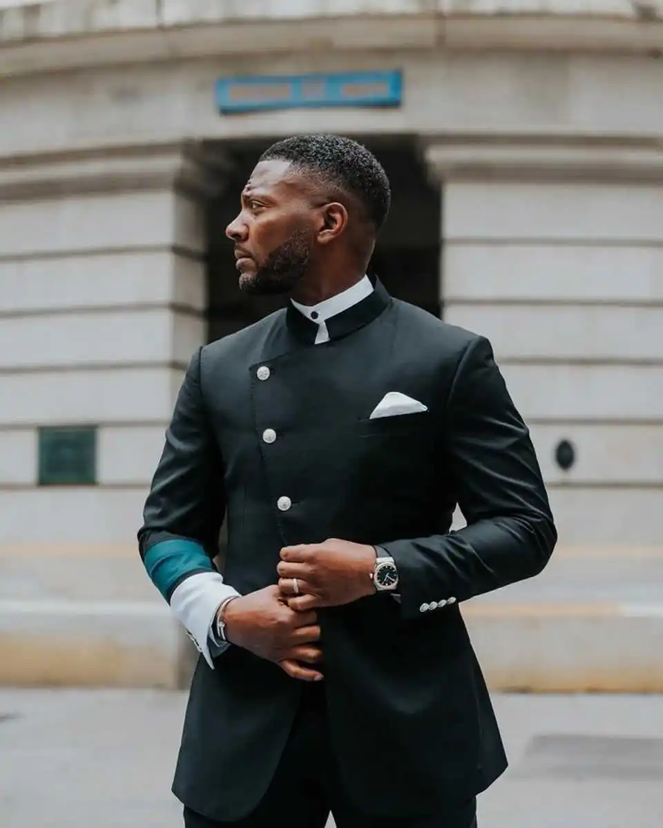 Designer Men Suits For Wedding Stand Collar Single Breasted Tuxedos Plaid Groom Party 2 Pcs Blazer Pants Customized Suit