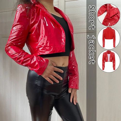 Imagen 1 del producto Abrigo de cuero PU brillante para mujer, Top corto de tendencia, chaqueta Sexy con cintura para motocicleta, uniforme para discoteca de cuero brillante con espejo rojo, S-3XL