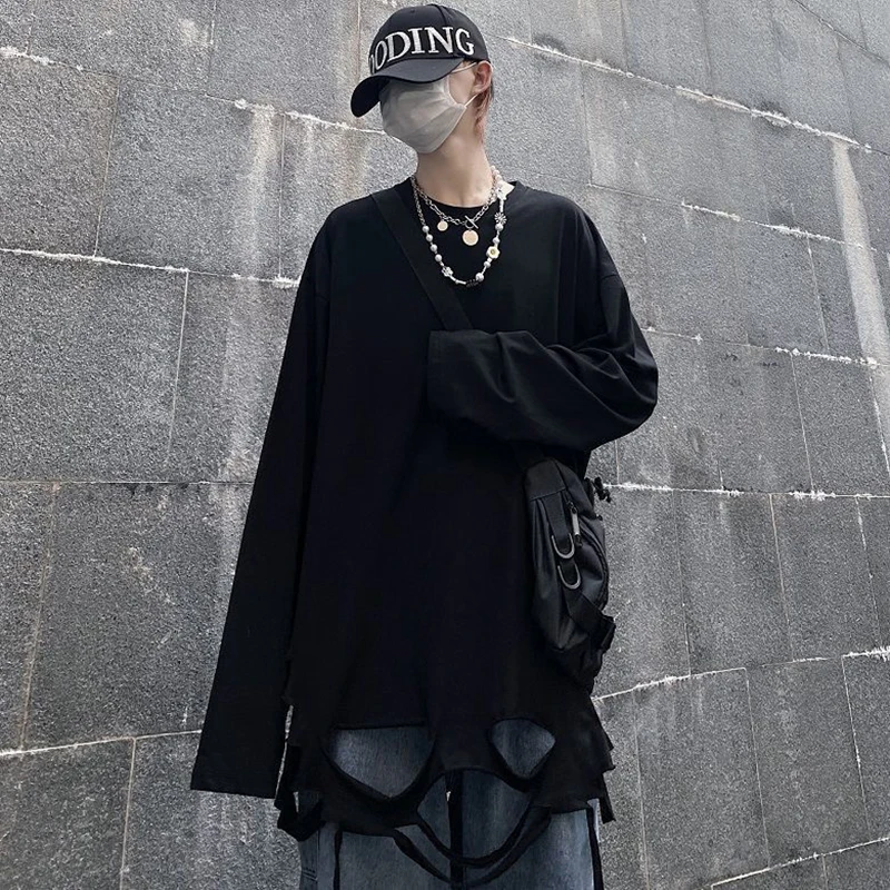 Cotton Hole Summer Thin Men T Shirt Oversized 2xl Long Sleeve O Neck Harajuku Japan Style Hip Pop Streetwear Unisex Clothes Top