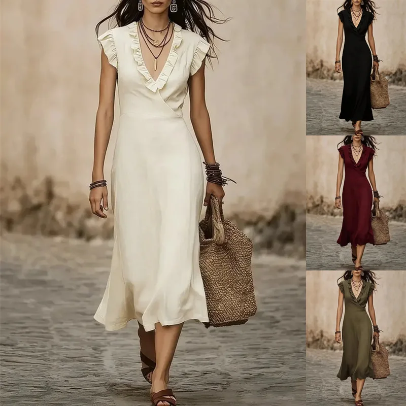 Chic 2026 Elegant Long Dress Women Sleeveless Slim Fits Vestidos Lotus Leaf V Leader Slim Fit Medium and Long Dress Y2K