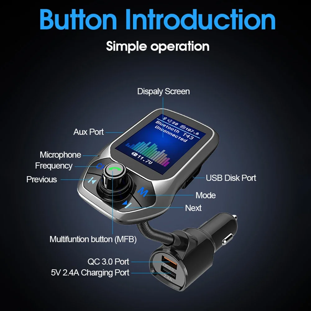 USB Quick Charge T43 Bluetooth 5.0 FM Transmitter MP3 Music Player 1.8inch TFT Color Display Bluetooth Car Kit Handsfree