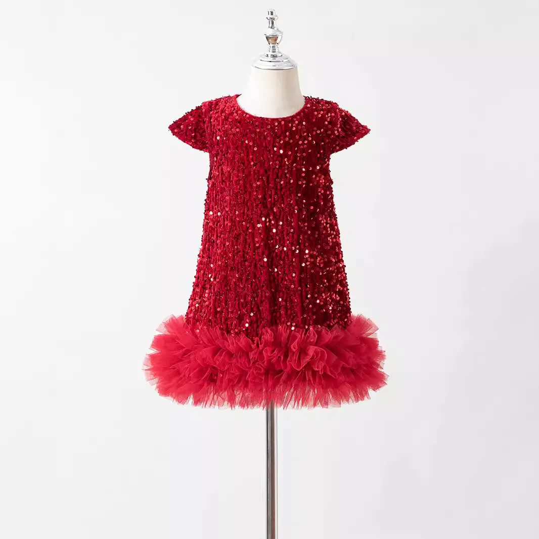 

Sequin Girl Dresses Ball Gown Summer Birthday Elegant Girls Party Dresses Short Sleeve Prom Dress Evening Kids Princess Dress
